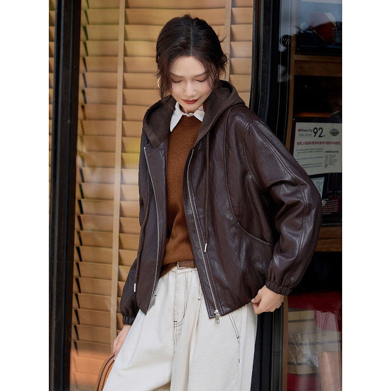 Korean-style genuine leather jacket for women, 2026 spring and autumn new model, stylish and age-reducing, made of Haining sheepskin, knitted hooded jacket