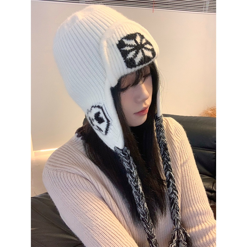 韩版小众花朵流苏雷锋帽女秋冬氛围感保暖防寒毛线帽针织护耳帽潮|undefined