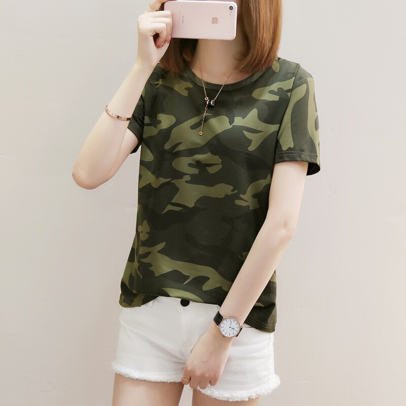 Wholesale 2025 Summer Korean Style Women's Clothing Summer Trendyy Retro Camouflage Clothing Printed Tops Short-Sleeved T-Shirts for Women to Wear Outside Wholesale 2025 Summer Korean Style Women's Clothing Summer Trendyy Retro Camouflage Clothing Printed Tops Short-Sleeved T-Shirts for Women to Wear Outside
