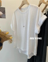 3039【原版面料】2024春夏极简慵懒卷袖前短后长短袖T恤女