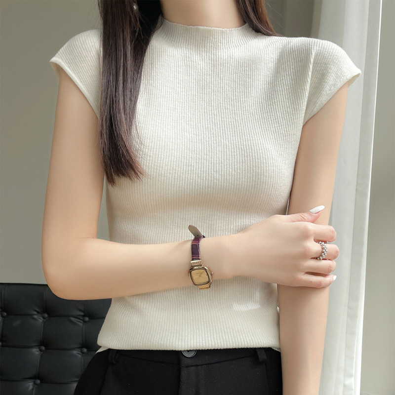 Cross-Border 2025 Half Turtleneck Slim Knitted Short-Sleeved T-Shirt for Women Summer New Korean Style Inner Layer for Women