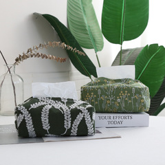 日本式グリーン森系布芸刺繍紙箱綿麻insティッシュカバーレストラン装飾品ティッシュケース工場