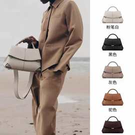 跨境POLENE波灵恩微笑包小众真皮女包高级感褶皱手提包斜挎包包女