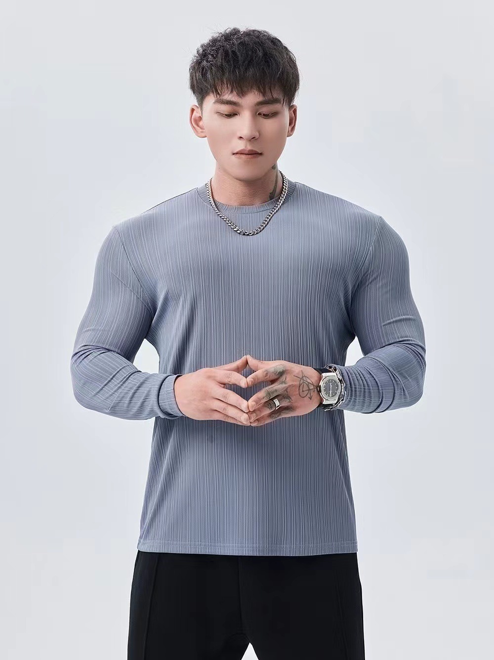 Sports basketball long-sleeve with a round collar for gym for training, tight, for running 5