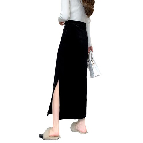 New Velvet Half-Body Skirt Spring and Autumn New Side Slit Skirt High-Waisted French Retro Slimming Bustle One-Step Skirt