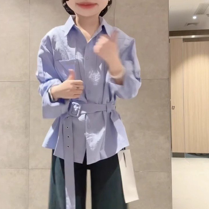 蓝色长袖衬衫外套女宽松慵懒风2025新款收腰系带防晒衬衣休闲百搭|undefined