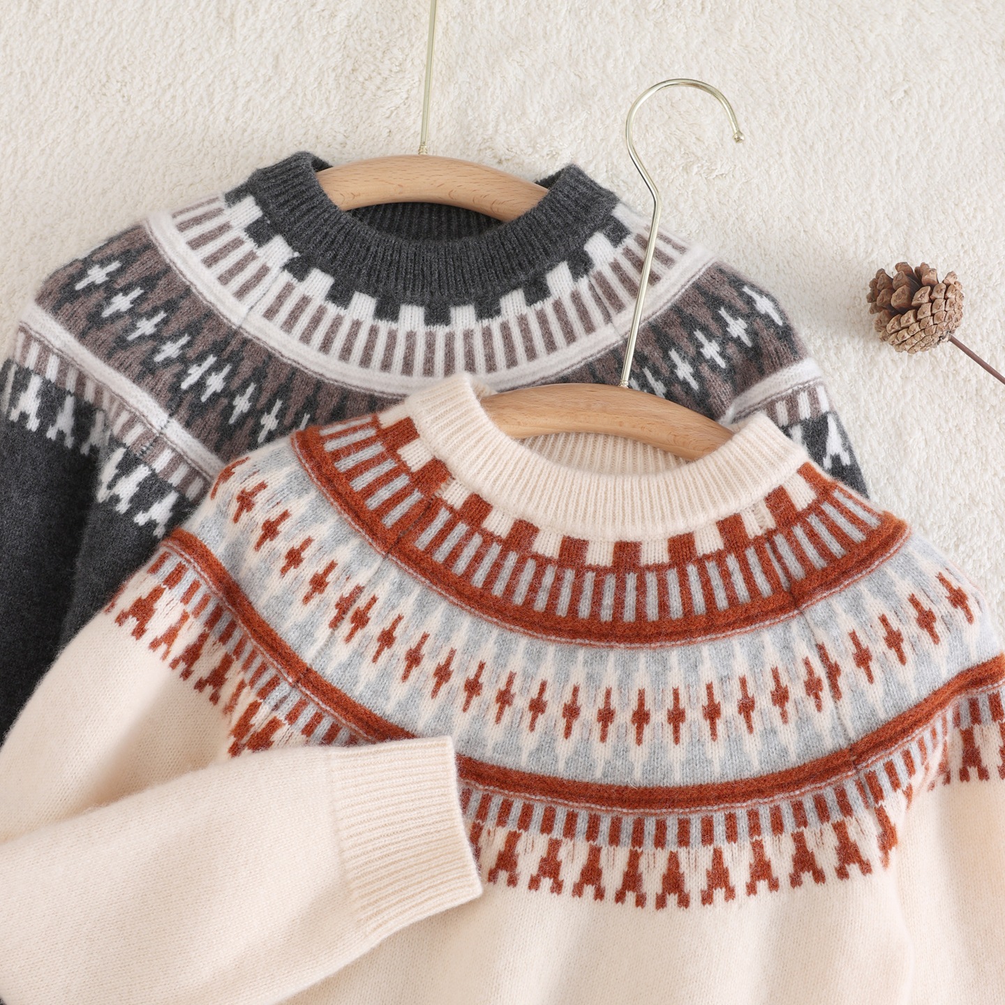 Premium children's 100% pure wool Fair Isle series sweaters for girls and boys, pullover base layer, thick knitwear