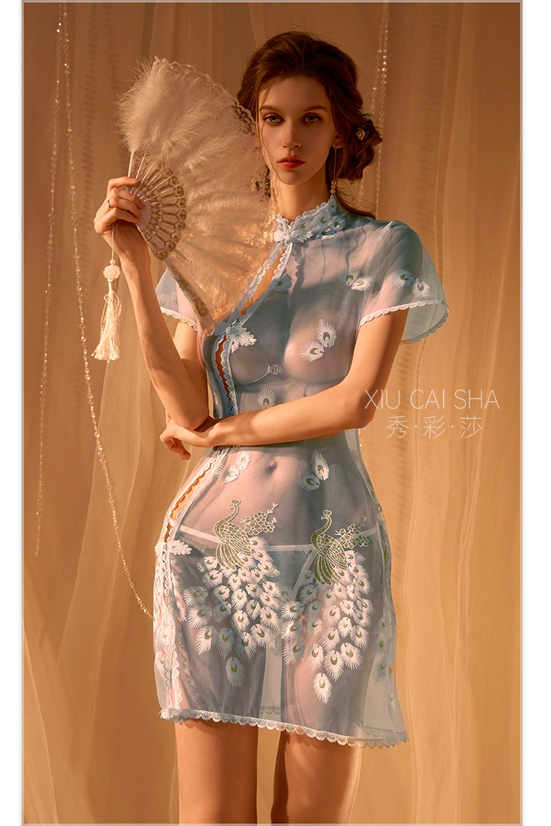 Phoenix Embroidered See-Through Cheongsam-Style Lingerie Set, Blue Lace, One Size — detail image 19