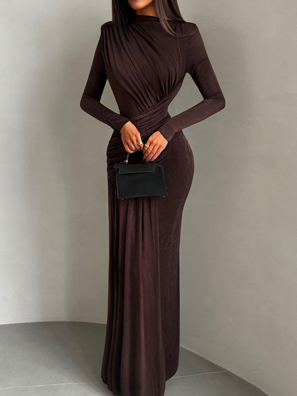 Cross-Border Autumn New Women's Clothing Lady Style Solid Color Round Neck Asymmetric Pleated Slim Fit Hip Dress Dress for Women