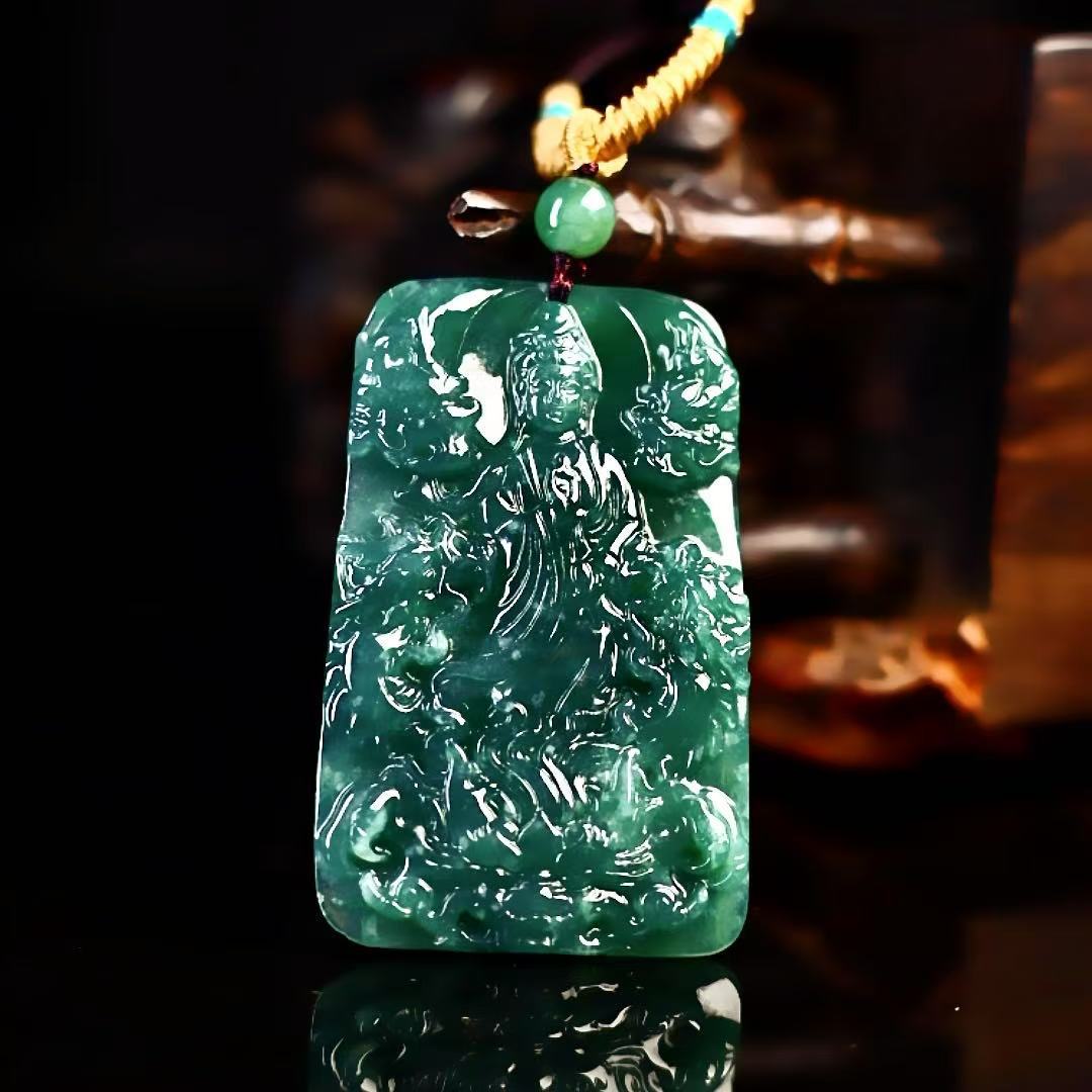 天然a货翡翠蓝水神龙观音龙牌九龙护主吊坠冰种玉石挂件男士项链