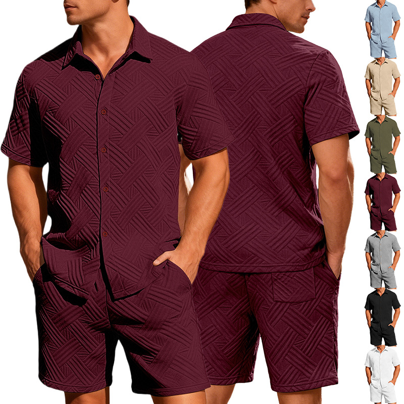 Amazon transfronterizo Europa y Estados Unidos verano nuevo hombre camisa jacquard de color sólido casual deportivo pantalones cortos de manga corta dos piezas conjunto