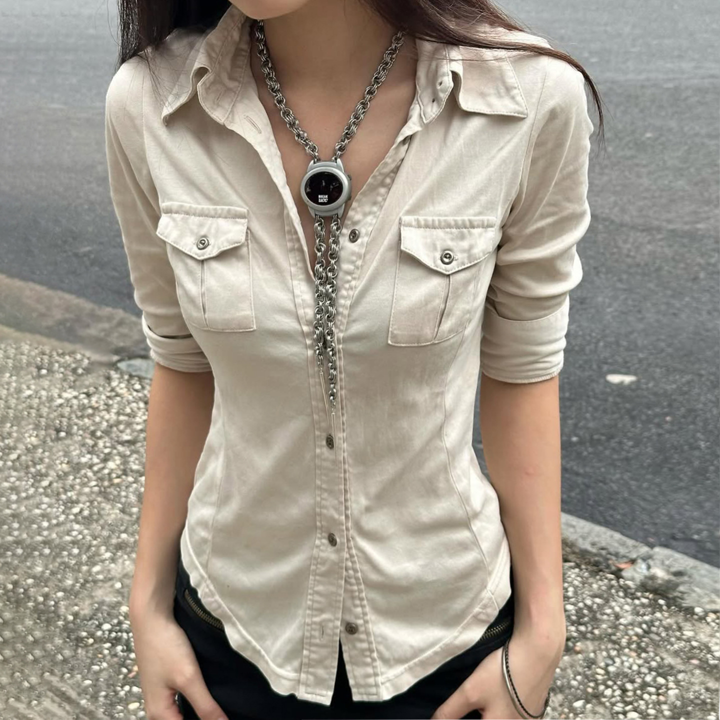 2025夏季欧美女装ins街头工装风翻领口袋修身显瘦中袖衬衫女批发