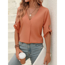 R 31443 Rolled sleeve V-neck shirt ������ V ������羳��
