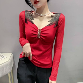 实拍秋上新原创设计新款v领网纱烫钻小衫女上衣长袖打底大量有货