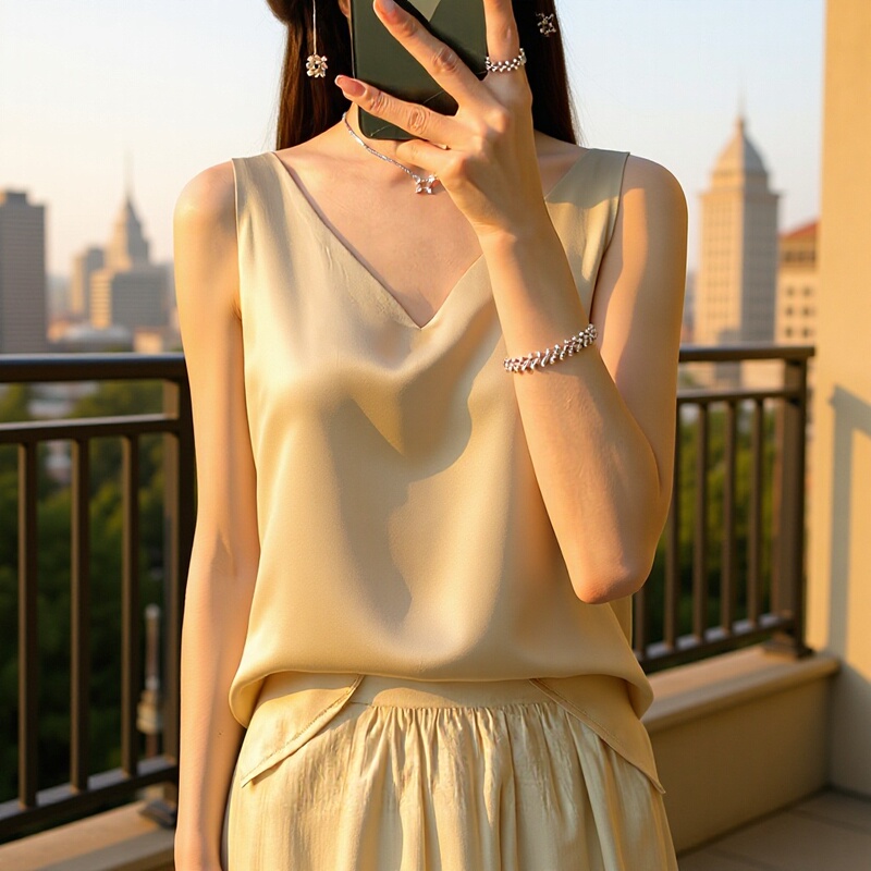 V-neck faux acetate satin camisole for women, summer suit inner layer, elegant top