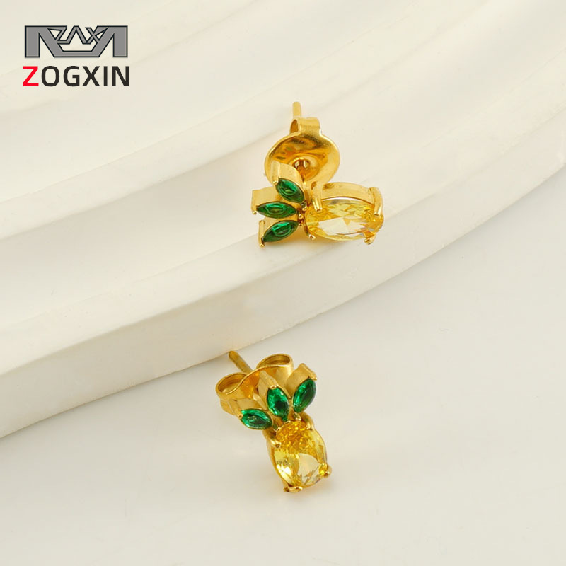 Nueva frontera de acero inoxidable con incrustaciones de circón piña pendientes pequeños pendientes femeninos europeos y americanos pendientes de lujo ligeros de acero de titanio en stock al por mayor