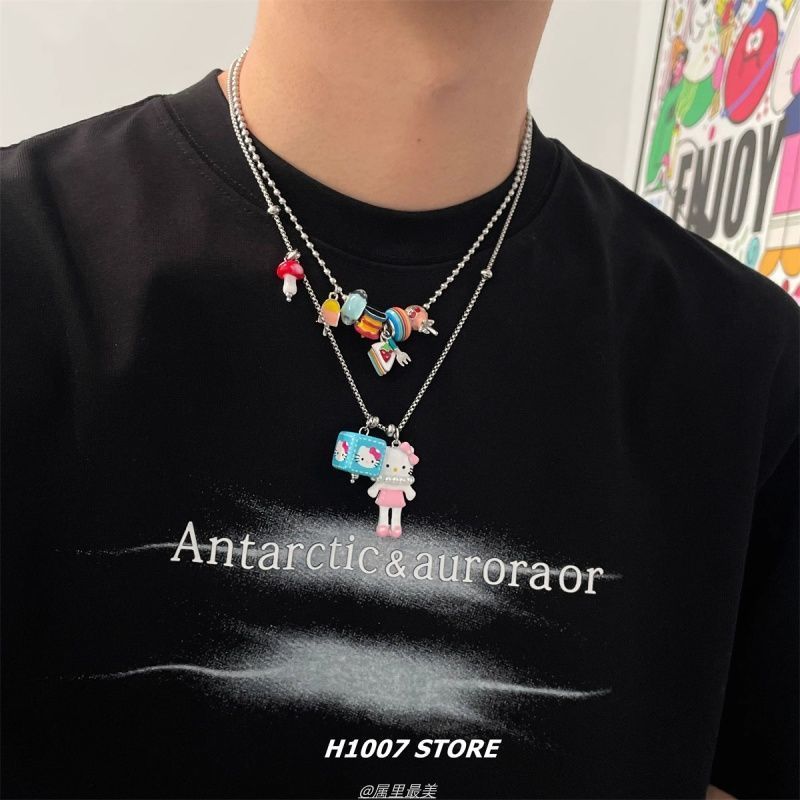新しいカラフルなスクエア KT 猫ラブロングネックレス女性のニッチデザインかわいい甘いセーターチェーンメンズアクセサリー|undefined