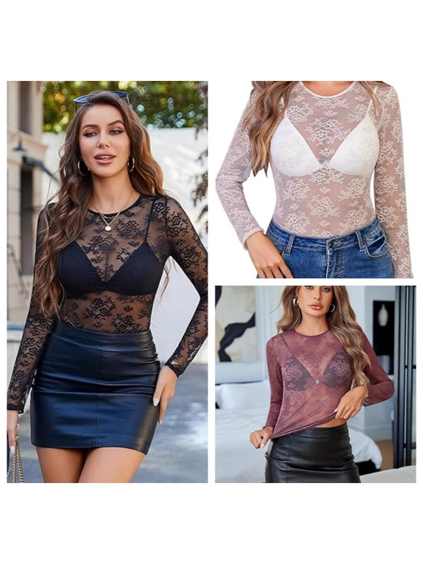 Silk Mesh Top Women's Long Sleeve Round Neck Transparent Shirt See through Floral Lace