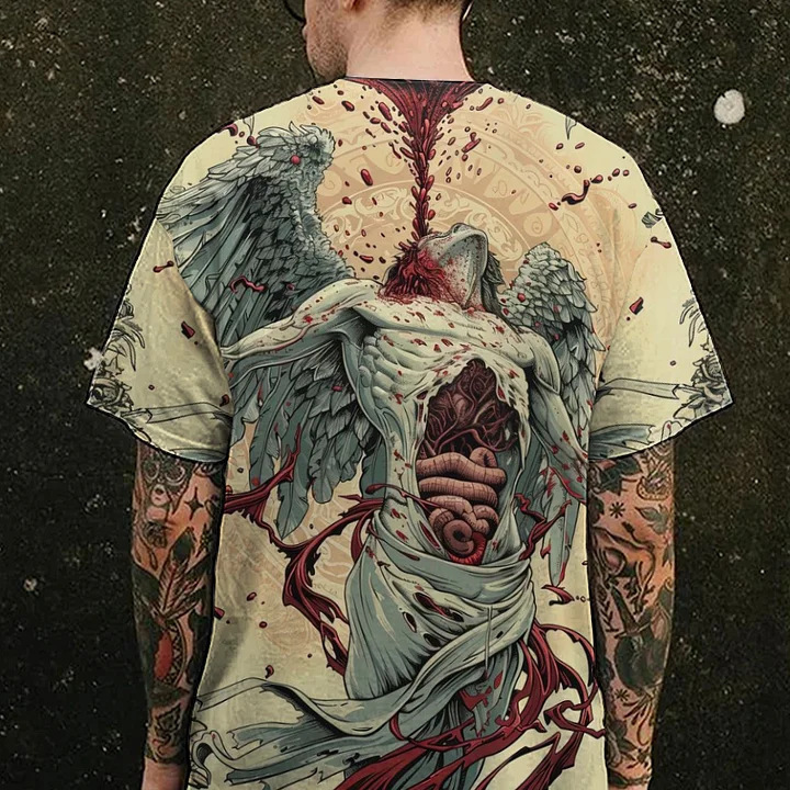 2024年新款跨境男装圆领套头短袖个性图案骷髅头上衣春夏季3d印花