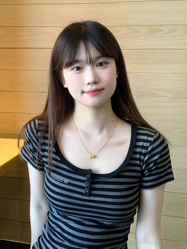 韩系条纹U领正肩短袖t恤女夏季2025新款修身显瘦收腰短款辣妹上衣|undefined