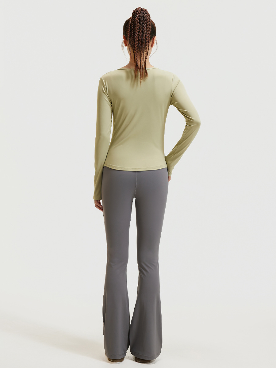 Juyitang otoño traje de yoga con cuello en v pliegues nude delgado delgado delgado traje de fitness largo mujeres