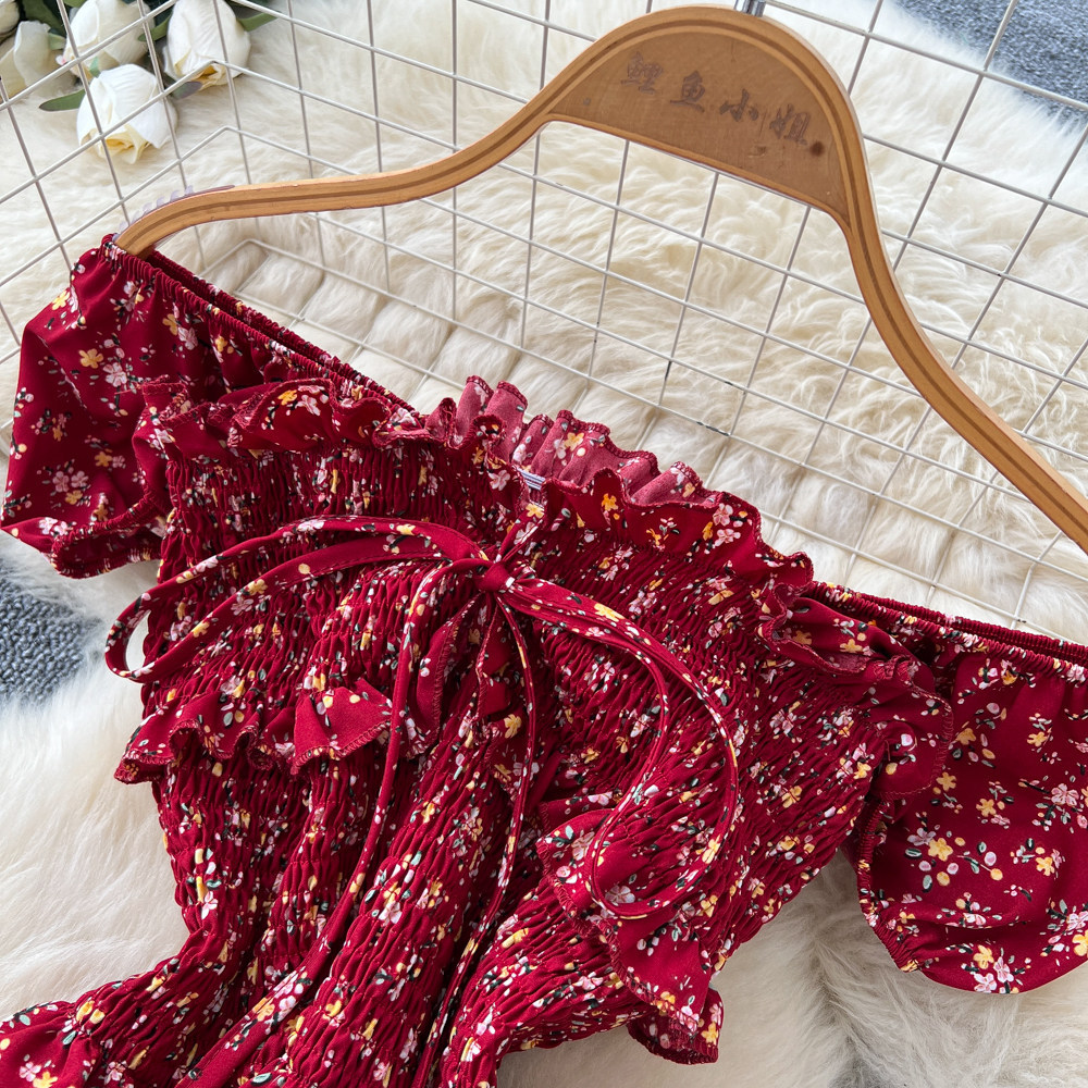 Women's French Sweet Style Square Neck Floral Dress Summer Korean Pleated Waist Tie A-Line Elegant Long Red Dress_ecoleips.com