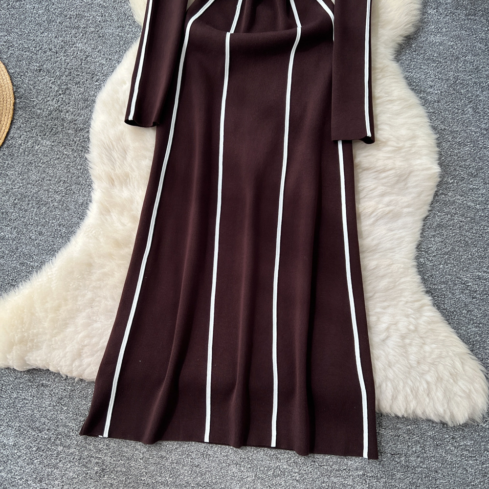 Women's Clothing High End Niche Fashion Women's Slim Long Sleeve Sweater Dress With Contrast Color Edge Stitching Waist Round Neck Style_ecoleips.com