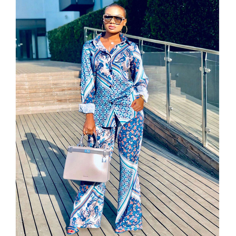2022 suit   spring and autumn fashion long blue printed shirt wide leg pants two-piece set