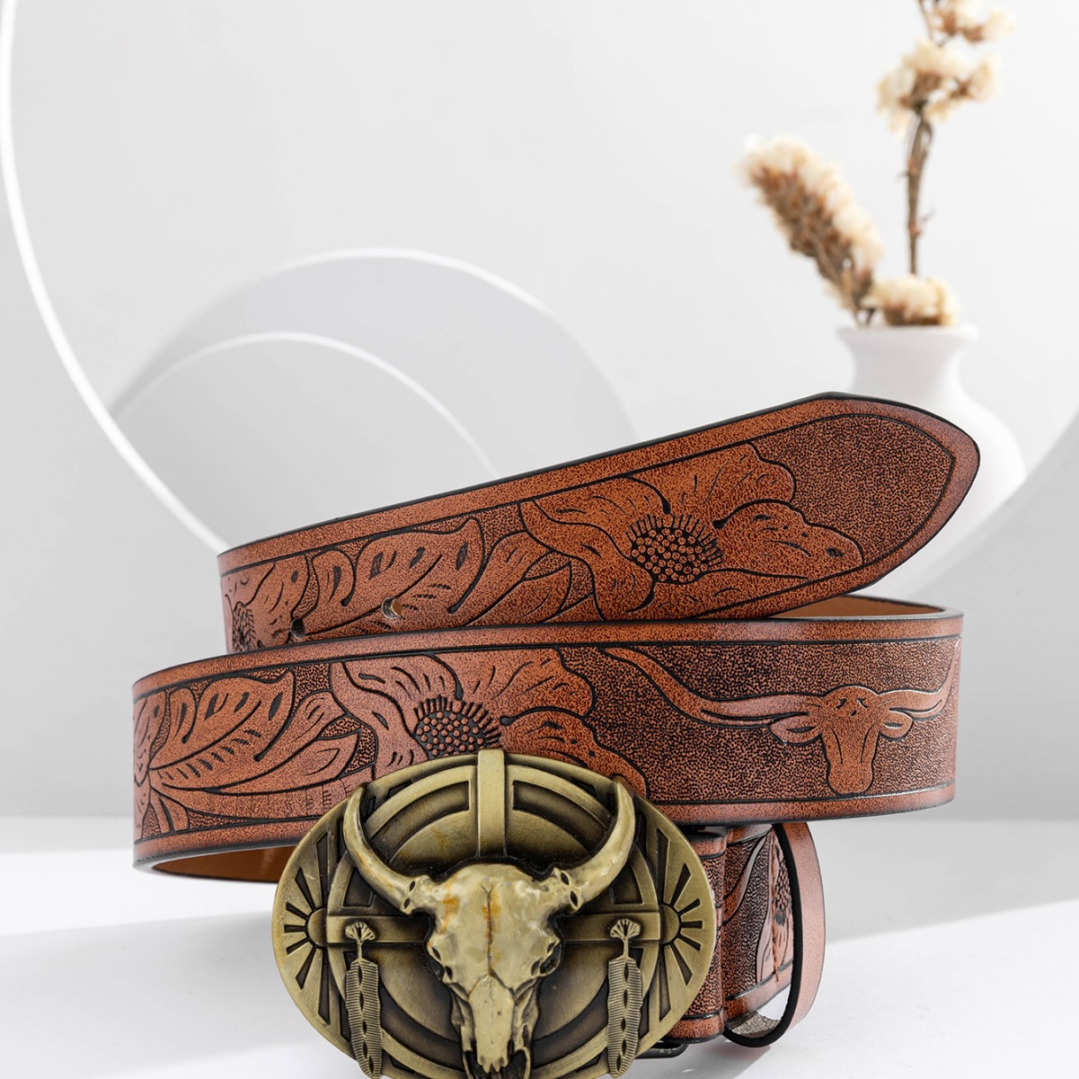 Cinturón de hombre marrón Cabeza de Vaca hebilla de mezclilla occidental CINTURÓN DE domineering al por mayor