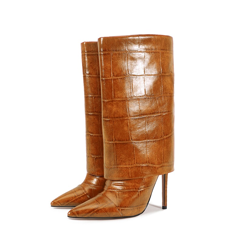 European and American Foreign Trade Stone Pattern Skirt Pants Boots 47 Large Size Stiletto Pointed Fashion Boots Sleeve Calf Mid-Calf Boots