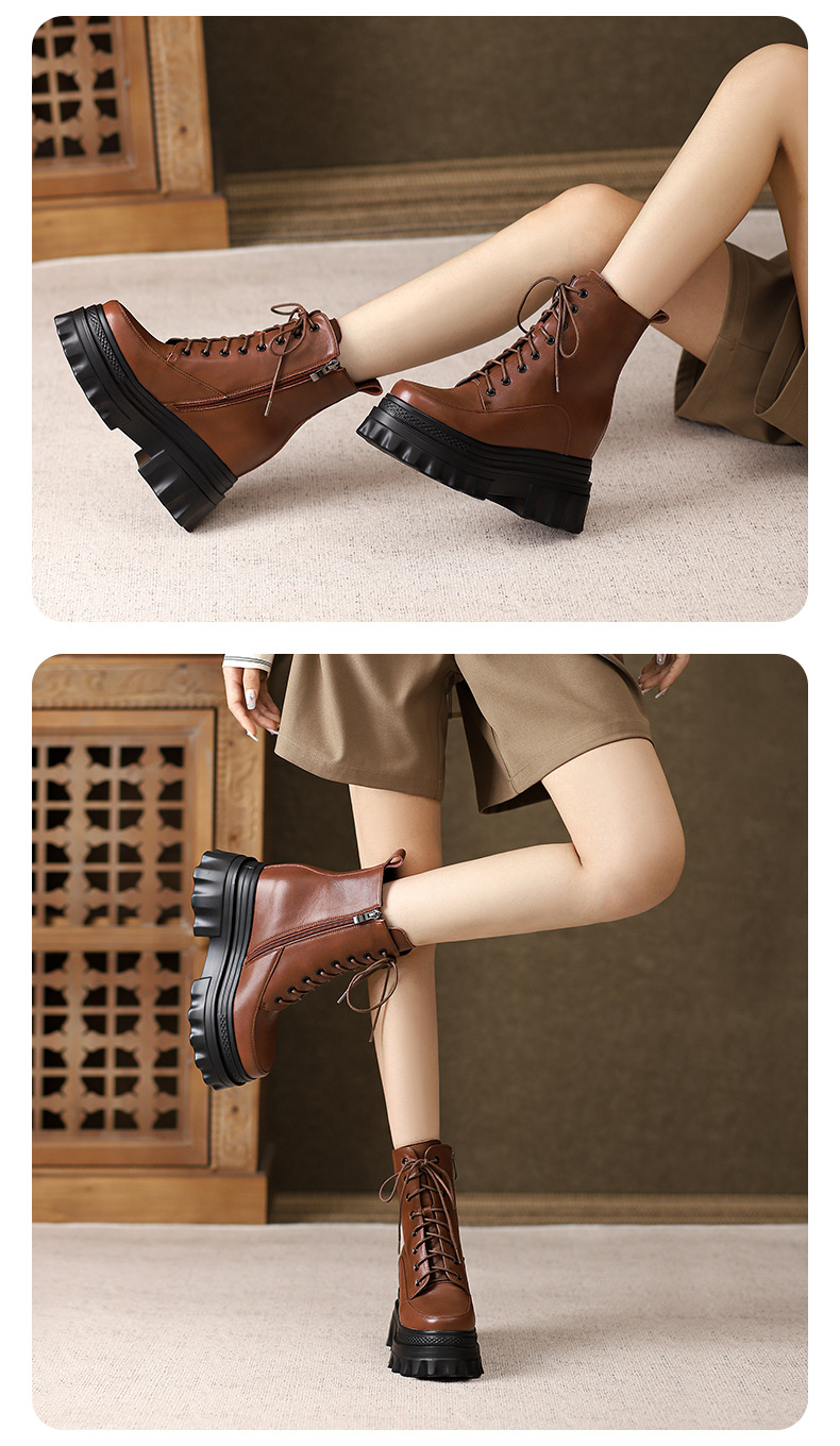 Boot nữ đế tăng chiều cao 10cm dây buộc mùa thu đông — Lớp lót nhung đen, Lớp lót đơn màu nâu sẫm, Lớp lót đơn màu đen, Lớp lót nhung màu nâu sẫm chi tiết 8