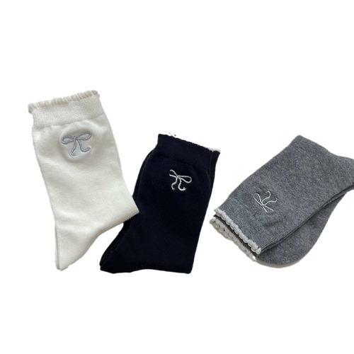 精梳棉泡泡口银丝蝴蝶结女夏季百搭刺绣中筒袜吸汗堆堆袜灰色袜子