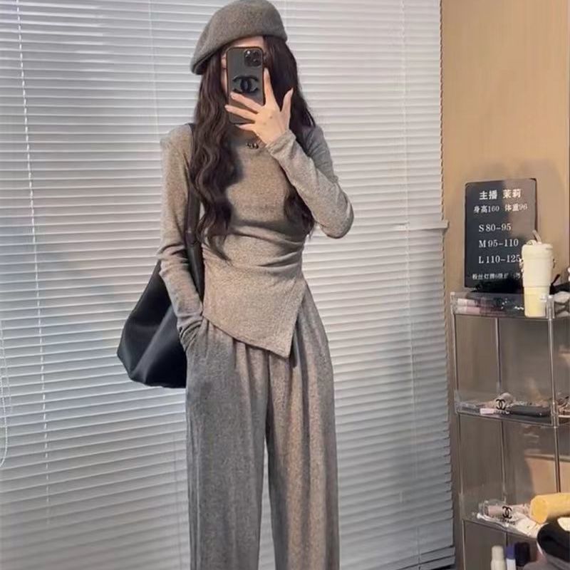 韩版收腰休闲秋款修身时尚上衣显瘦套装新款不规则直筒T恤两件套|undefined
