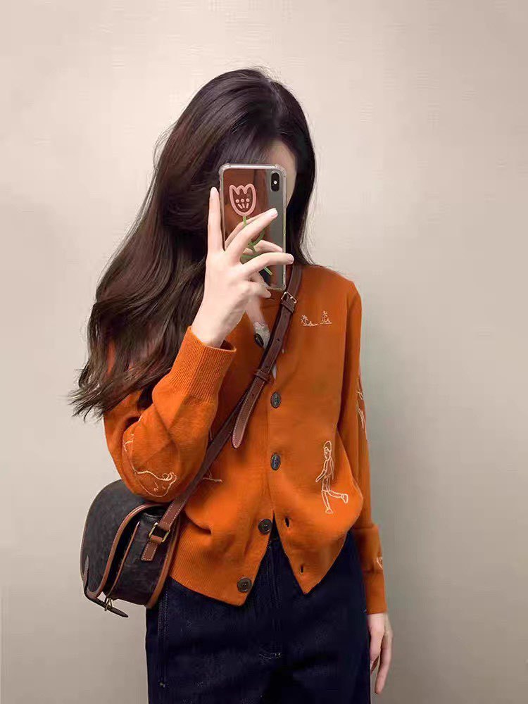 Áo cardigan nữ dệt kim màu cam phong cách Hàn Quốc, kiểu dáng lười biếng — quả cam