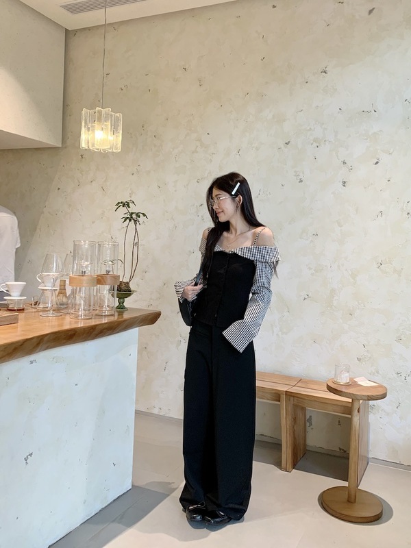 宋正恩假两件露肩长袖t恤女秋季新款格子拼接一字肩修身辣妹上衣|undefined