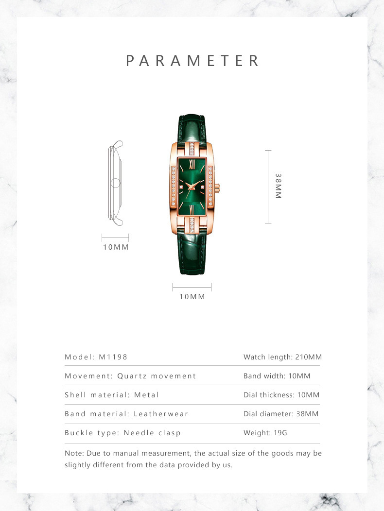 TikTok Internet Celebrity Live Streaming Traffic Small Green Face Diamond-Inlaid Square Women's Watch Vintage Fashion Women's Wristwatch