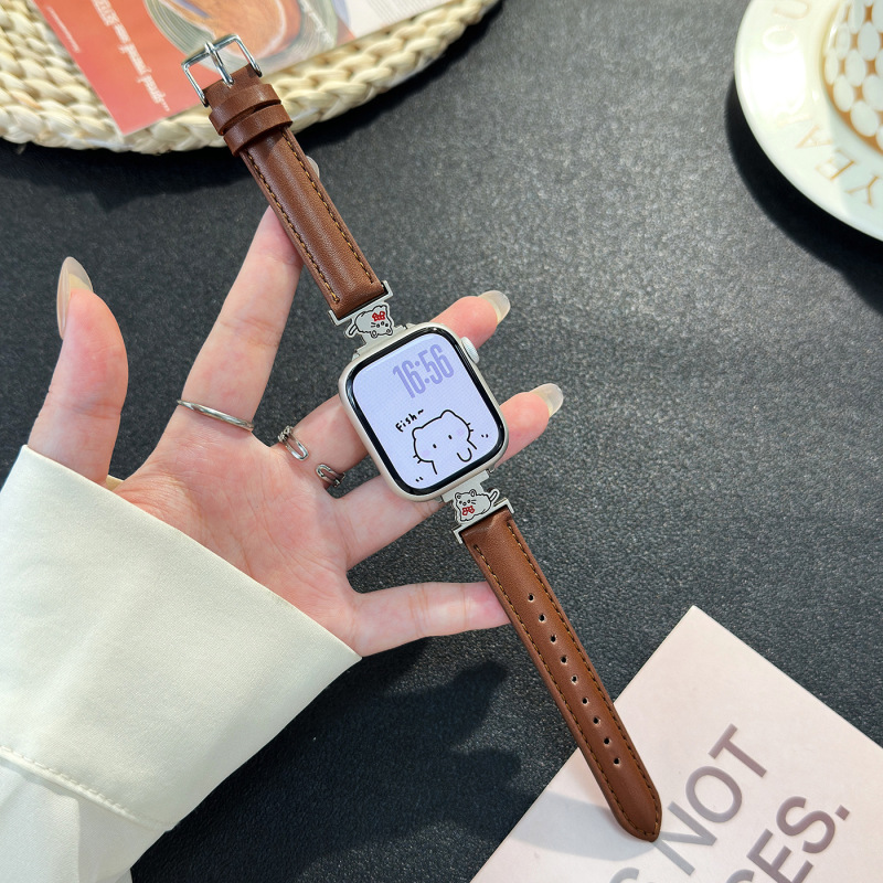 适用苹果表带AppleWatch1-11代/Ultra3/SE爱心小猫皮质手表带|undefined