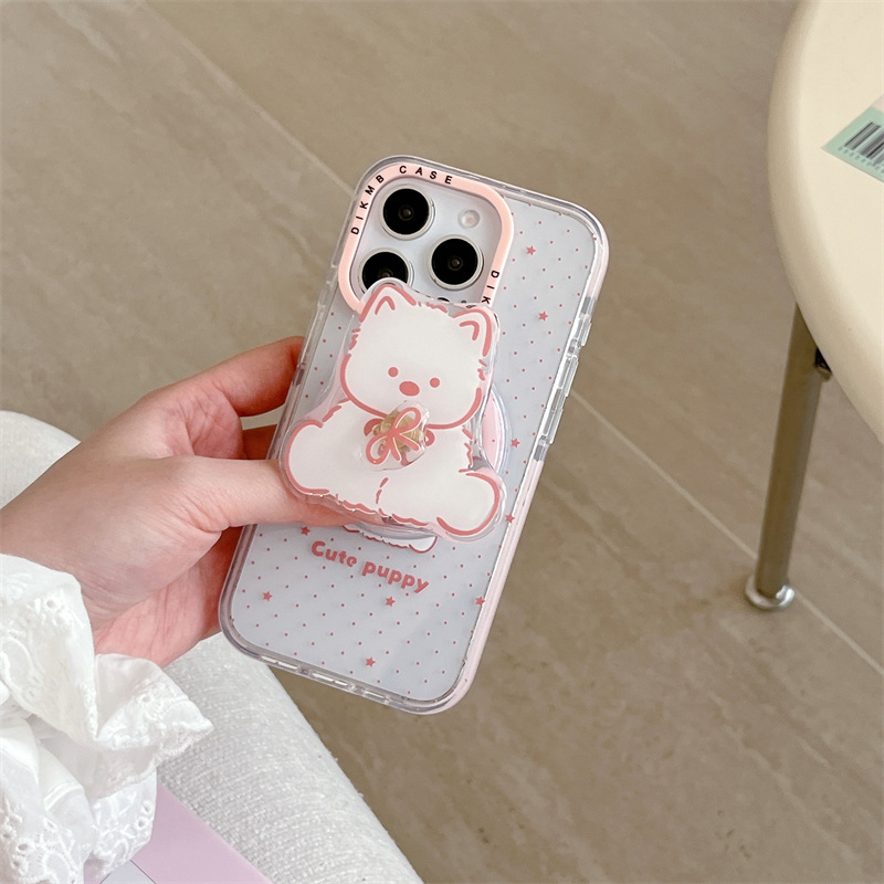 Oso de lazo de dibujos animados de lunares rosa para Apple 16ProMax funda para teléfono móvil 15Pro magnético 14/13 hembra