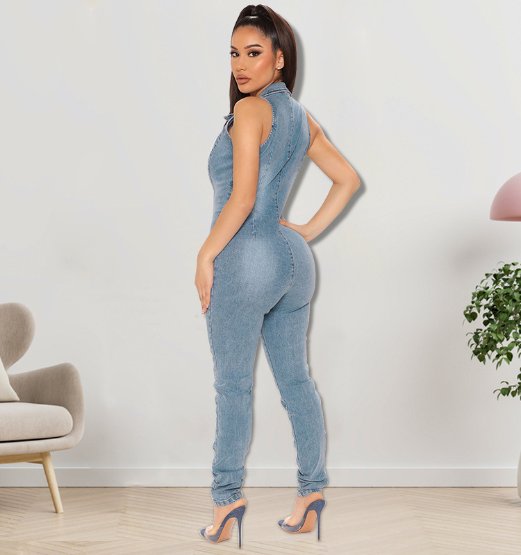 Sleeveless Denim Jumpsuit For Women, Front Button-Down Washed Stretch Romper, Street Style Casual One-Piece Outfit_ecoleips.com