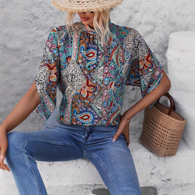 2025 Independent Station Amazon European and American Cross-Border Women's Spring and Summer Vacation Paisley Casual Printed Shirt T-Shirt Women