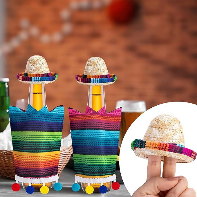 Sombrero de botella de vino Sombrero de paja mexicano pequeño Sombrero de paja Mini sombrero de paja Accesorios de muñeca Bufanda de botella de vino Funda de sombrero