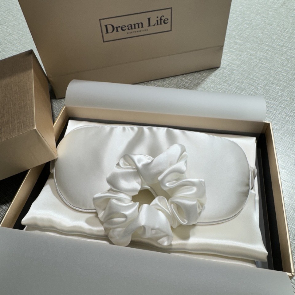 Regalos de alta gama, almohada de seda de alta calidad, cubierta de ojos, anillo de cabello, caja de regalo de seda, 100% seda de morera, conjunto de tres piezas