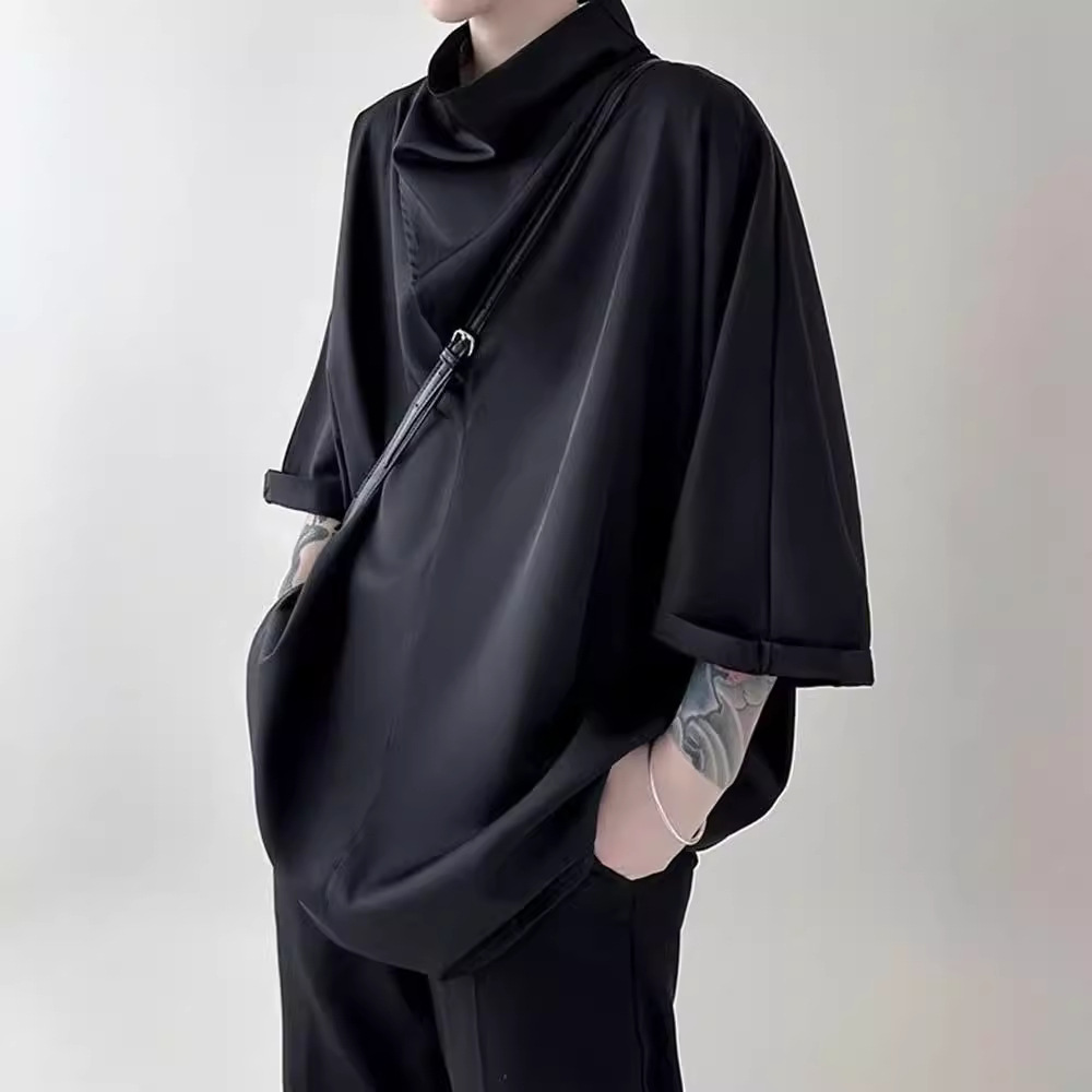 Dark Stacked Collar Short-Sleeved Shirt for Male Students in Summer Asymmetrical Casual Design Niche Three-Quarter Sleeve Shirt