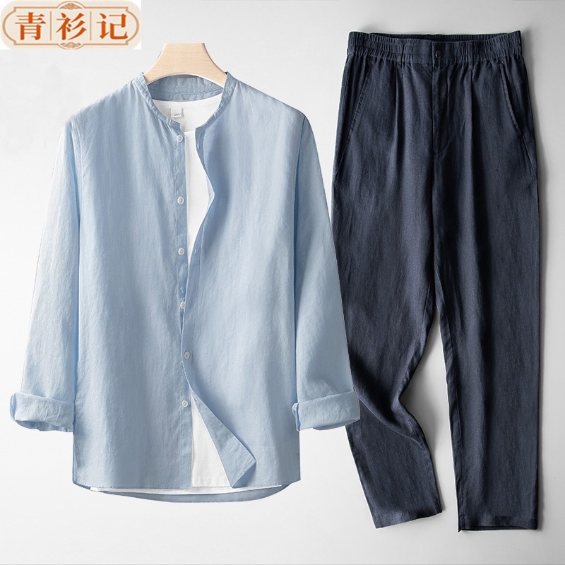 Nuevo conjunto de ropa de lino chino para hombres retro delgado de manga larga estilo chino algodón lino transpirable camisa casual de dos piezas