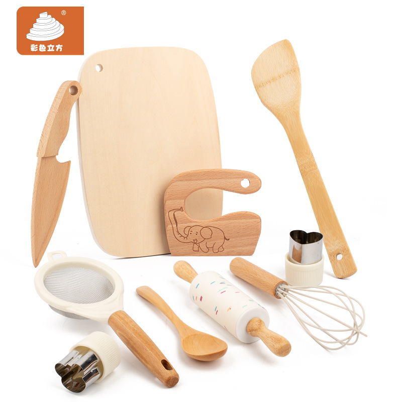 Juguetes de cocina de simulación de madera para niños Combinación de rodillo molde en forma de corazón cuchara de madera pala de madera divertido accesorios de juego
