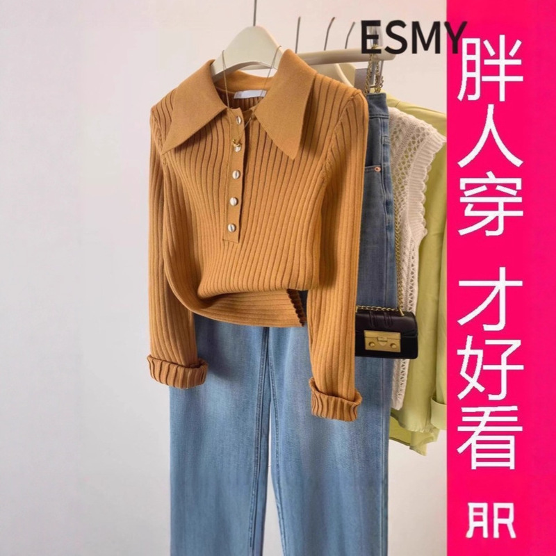 [Authentic Counter Product] Large Size Polo Collar Knitwear for Women in Autum New High-End Slimming Look Right Shoulder Top