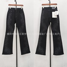 高版AM外贸风格朋克复古蓝破洞修身弹力印花印染小脚男式牛仔裤潮