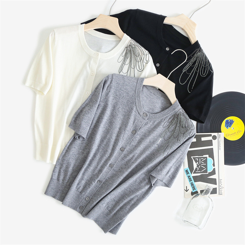 Spring and Summer Bc Accessible Luxury Shoulder Chain Heavy Embroider Sequined Round Neck Silk Wool Knitwear Cardigan Top for Women 5223