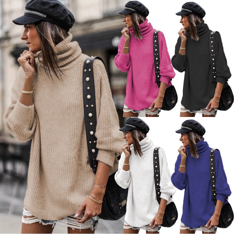 European and American Cross-Border Loose Knitted Turtleneck Pullover Sweater Dress Amazon Autumn and Winter Long-Sleeved Solid Color Women's Jacket European and American Cross-Border Loose Knitted Turtleneck Pullover Sweater Dress Amazon Autumn and Winter Long-Sleeved Solid Color Women's Jacket