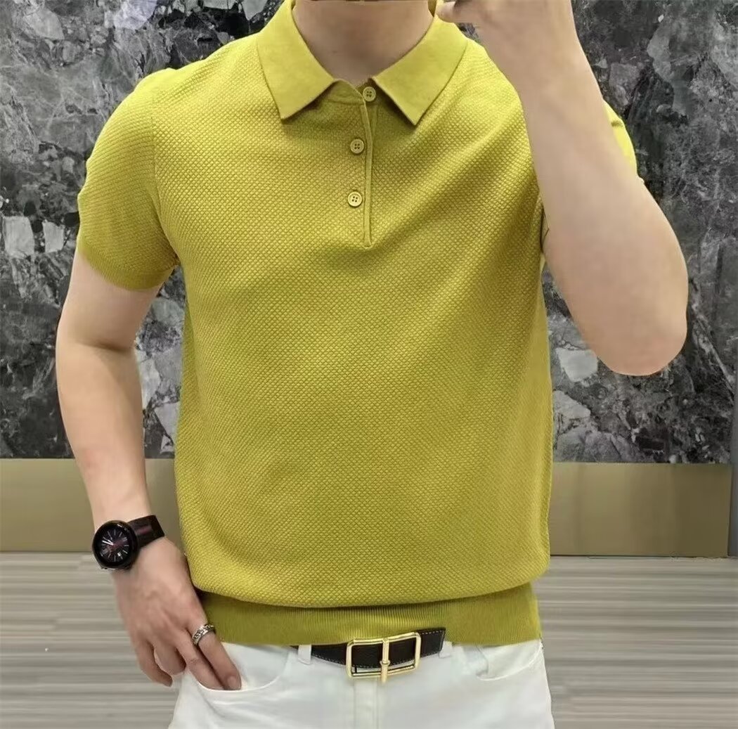 Moda casual solapa polo de color sólido suéter casual de punto de manga corta para hombres verano nuevo estilo transpirable tendencia camiseta para hombres